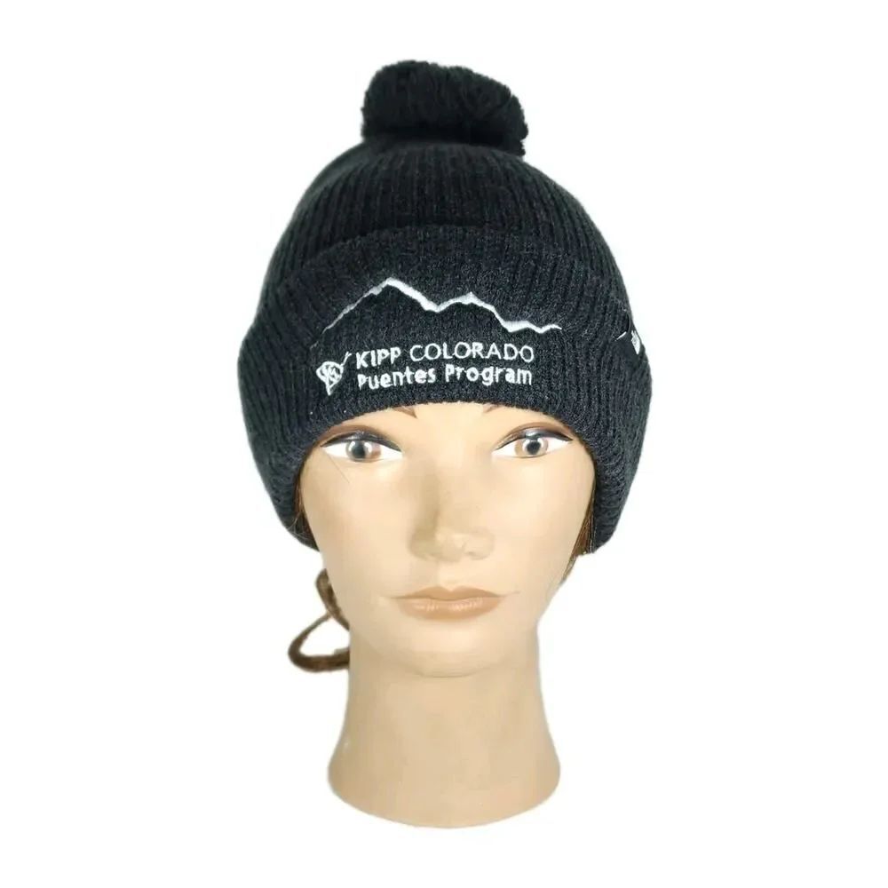 The North Face OS Black Heather Arcylic Ribbed PomPom LOGO Cuffed Beanie Hat NWT